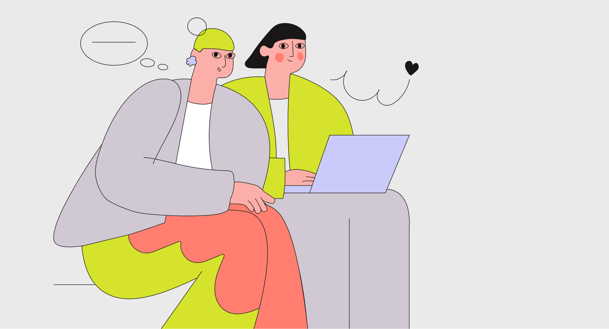 Two people working together at a laptop — hand-drawn collaboration illustration