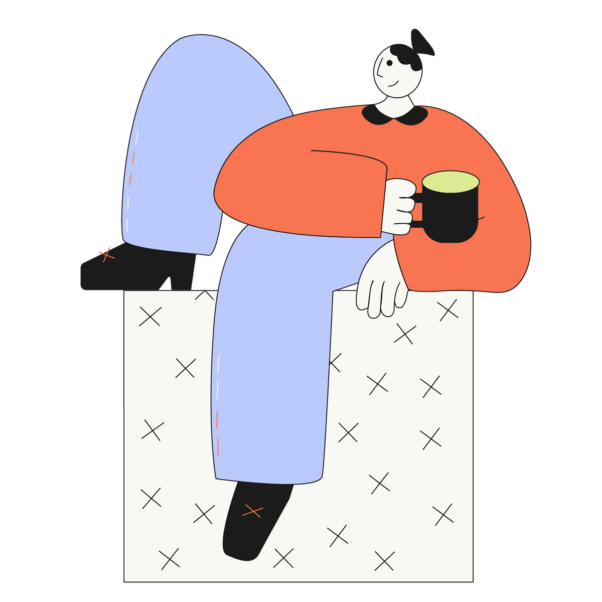 Hand-drawn character with a mug, leaning on a frame — custom illustration