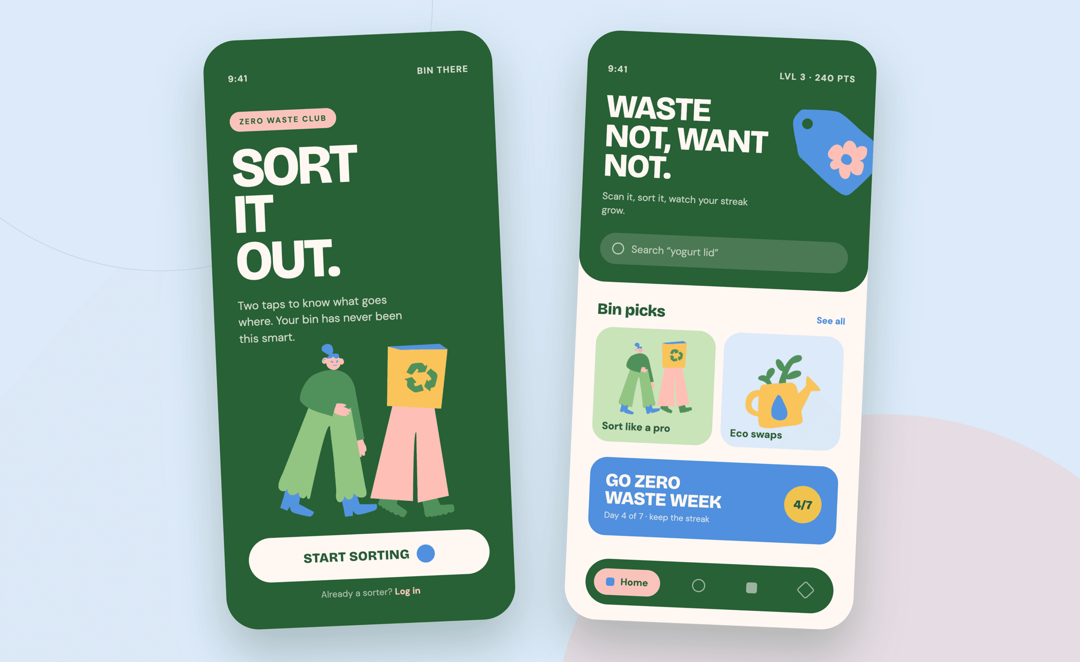 Waste-sorting app screens — zero waste club onboarding and daily bin picks