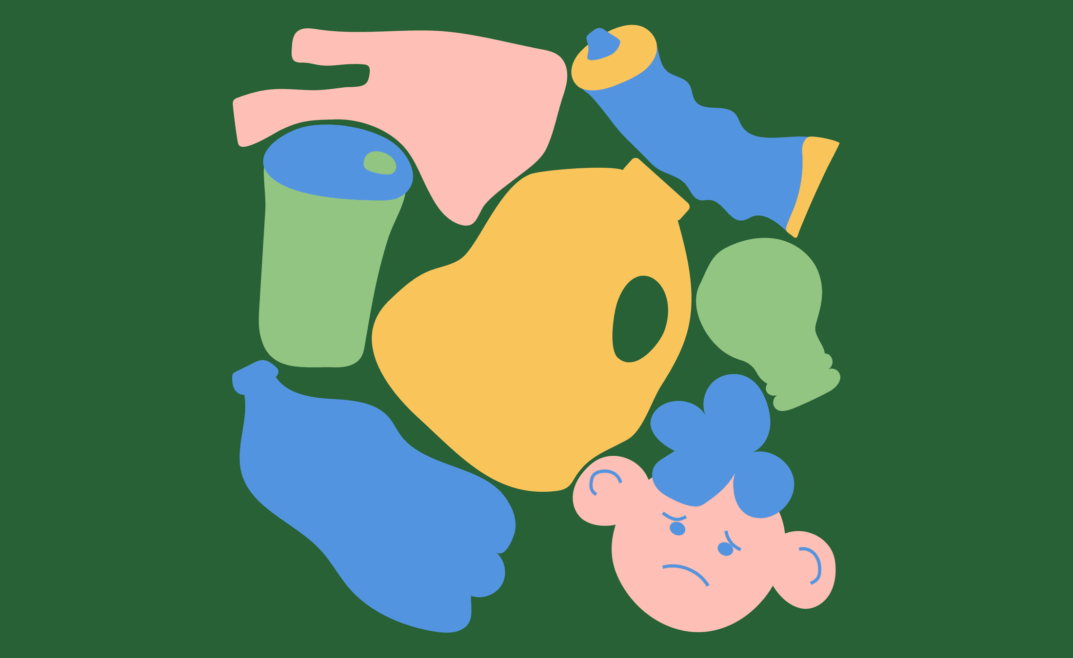 Single-use plastic — bottle, cup, tube and bag with an unhappy face