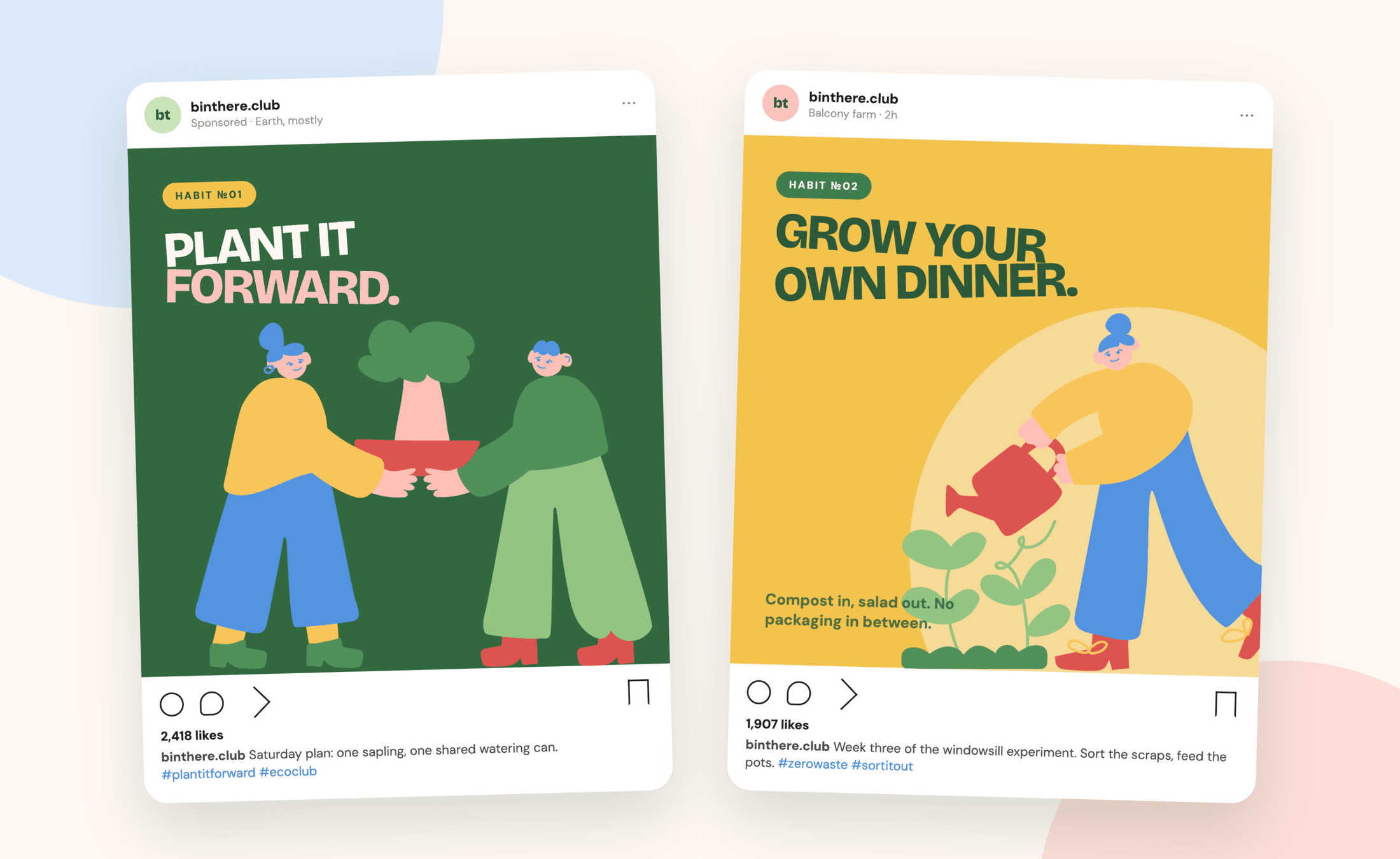 Two social posts — plant a tree together and grow your own dinner