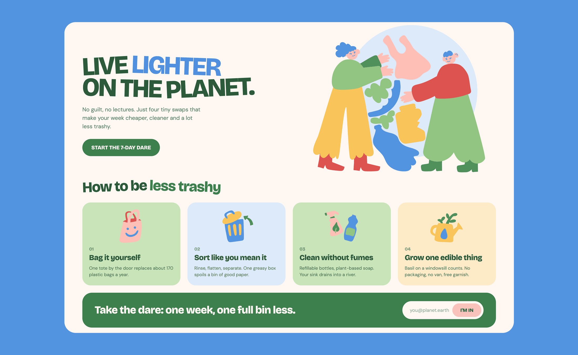 Sustainable living landing page — four small habits to waste less