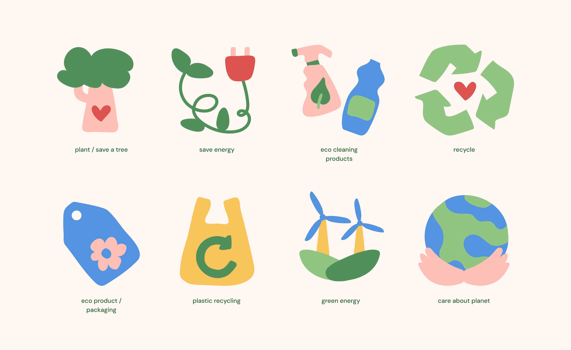 Eight eco icons — recycling, green energy, eco packaging and caring for the planet