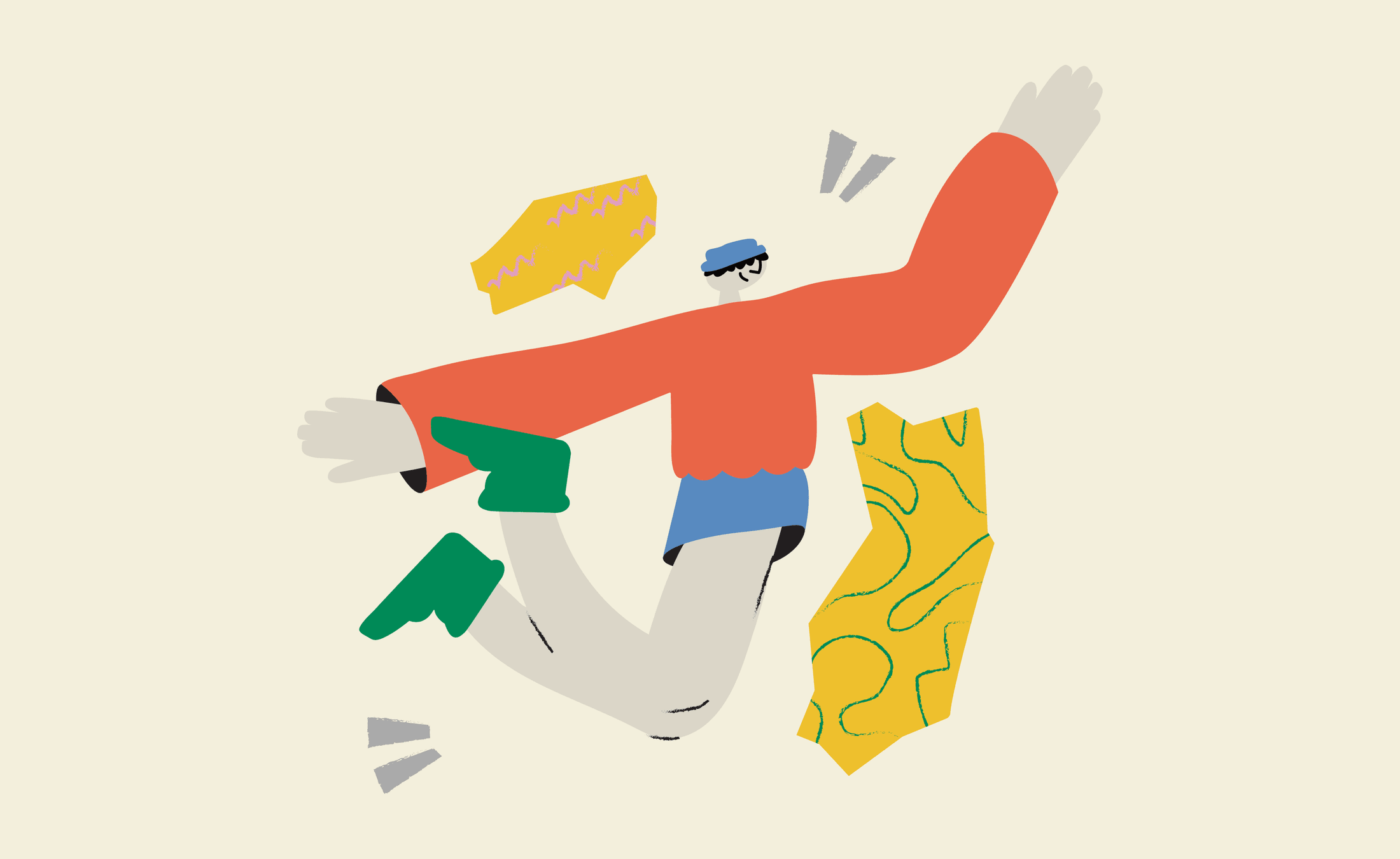 Friendly Onboarding — character leaping mid-air, expressive product illustration