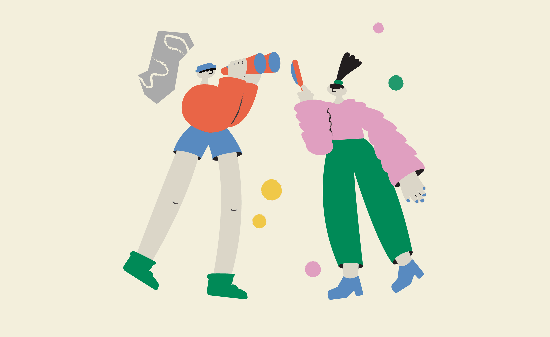Two characters searching with binoculars and a magnifier