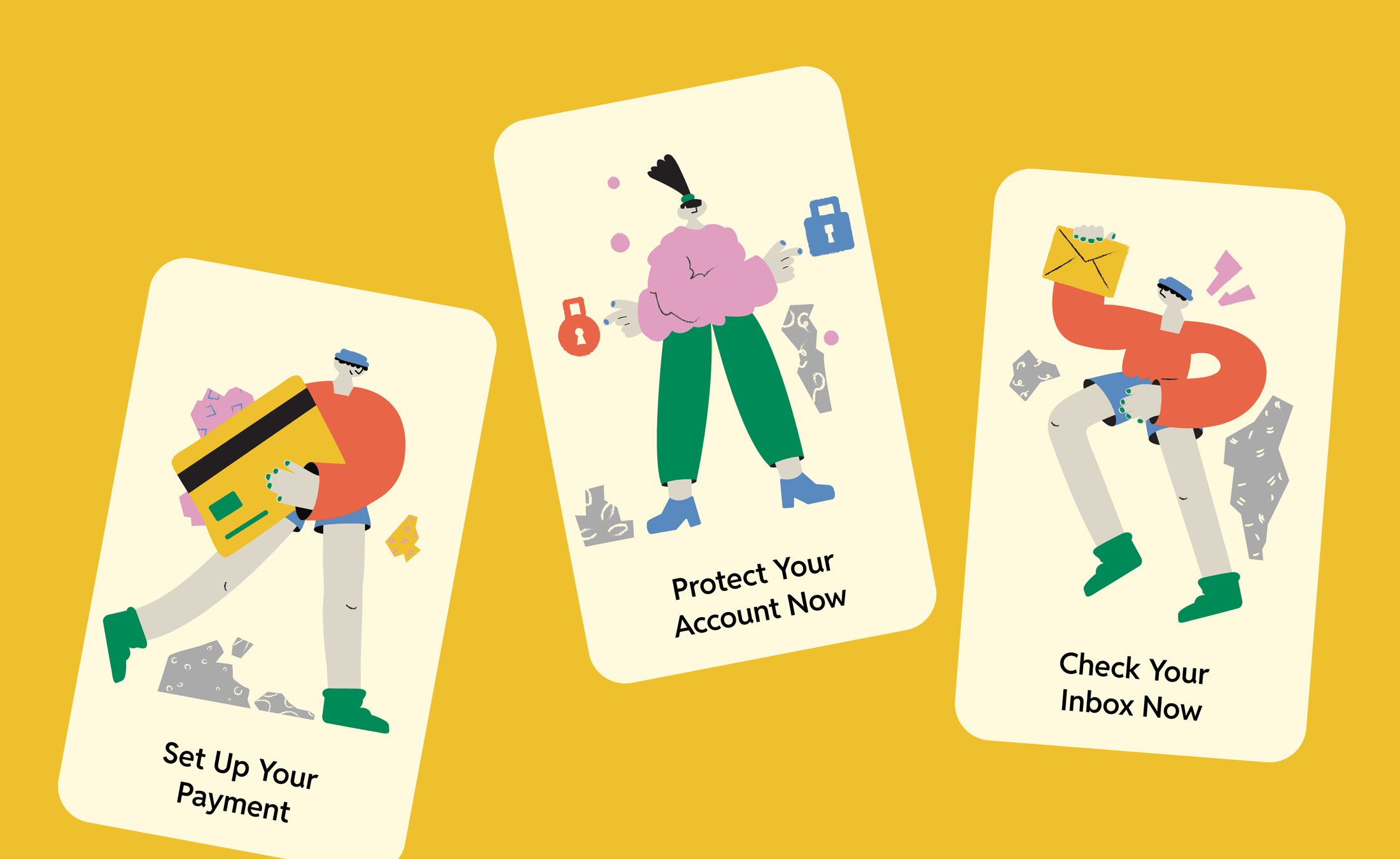 Three onboarding cards — set up payment, protect your account, check your inbox