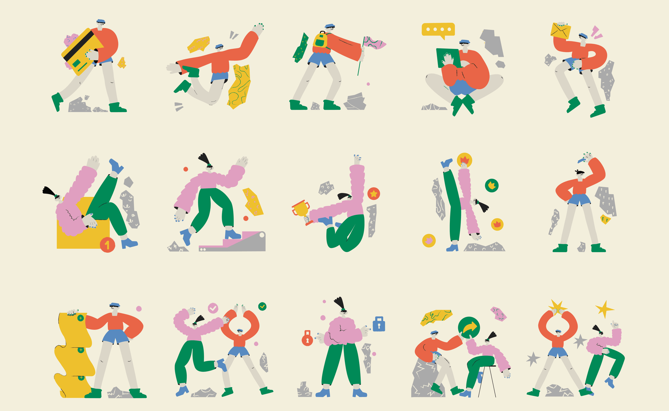 Fifteen character illustrations — the full onboarding and empty state set
