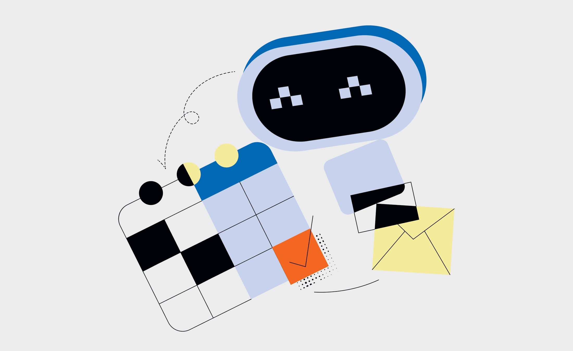 Helpful AI — assistant face with a calendar, checklist and email