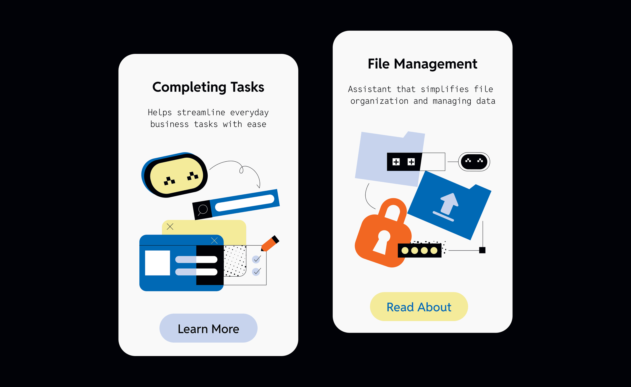 Two dark app cards — completing tasks and file management with an assistant