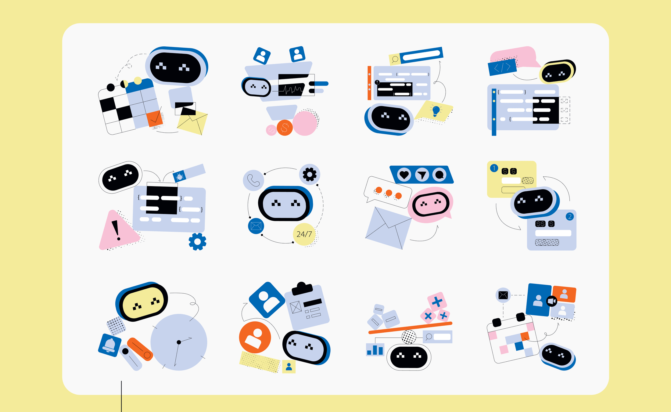 Twelve AI assistant compositions — chat, support, testing and scheduling
