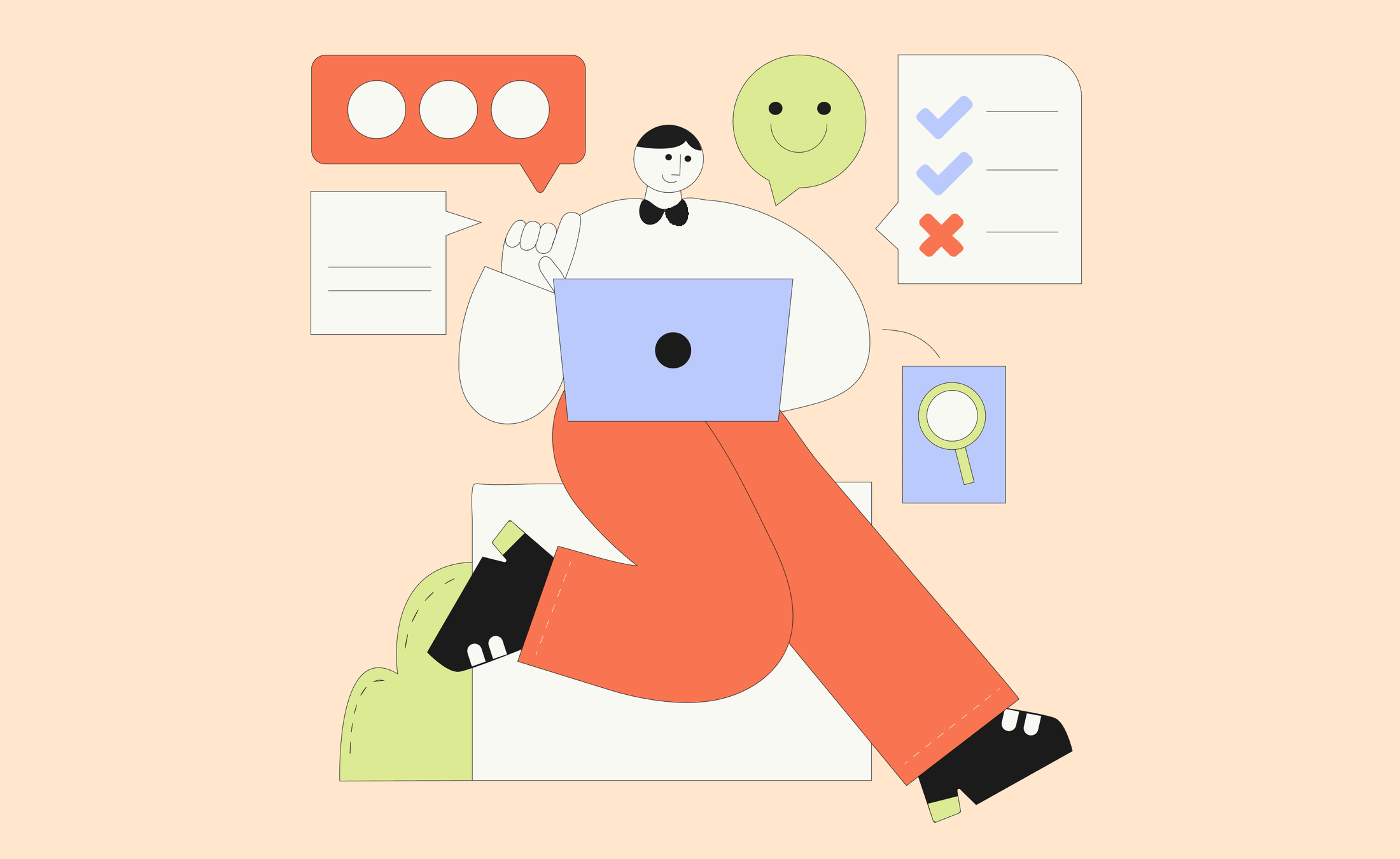 Vibrant HR — person at a laptop with feedback, checklists and candidate search