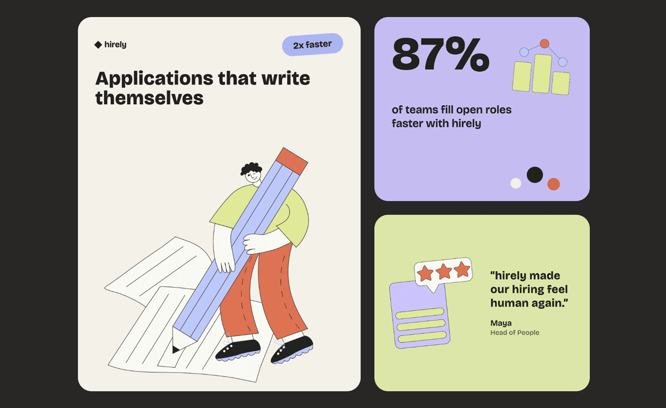 Dark HR dashboard — applications, hiring stats and a team testimonial
