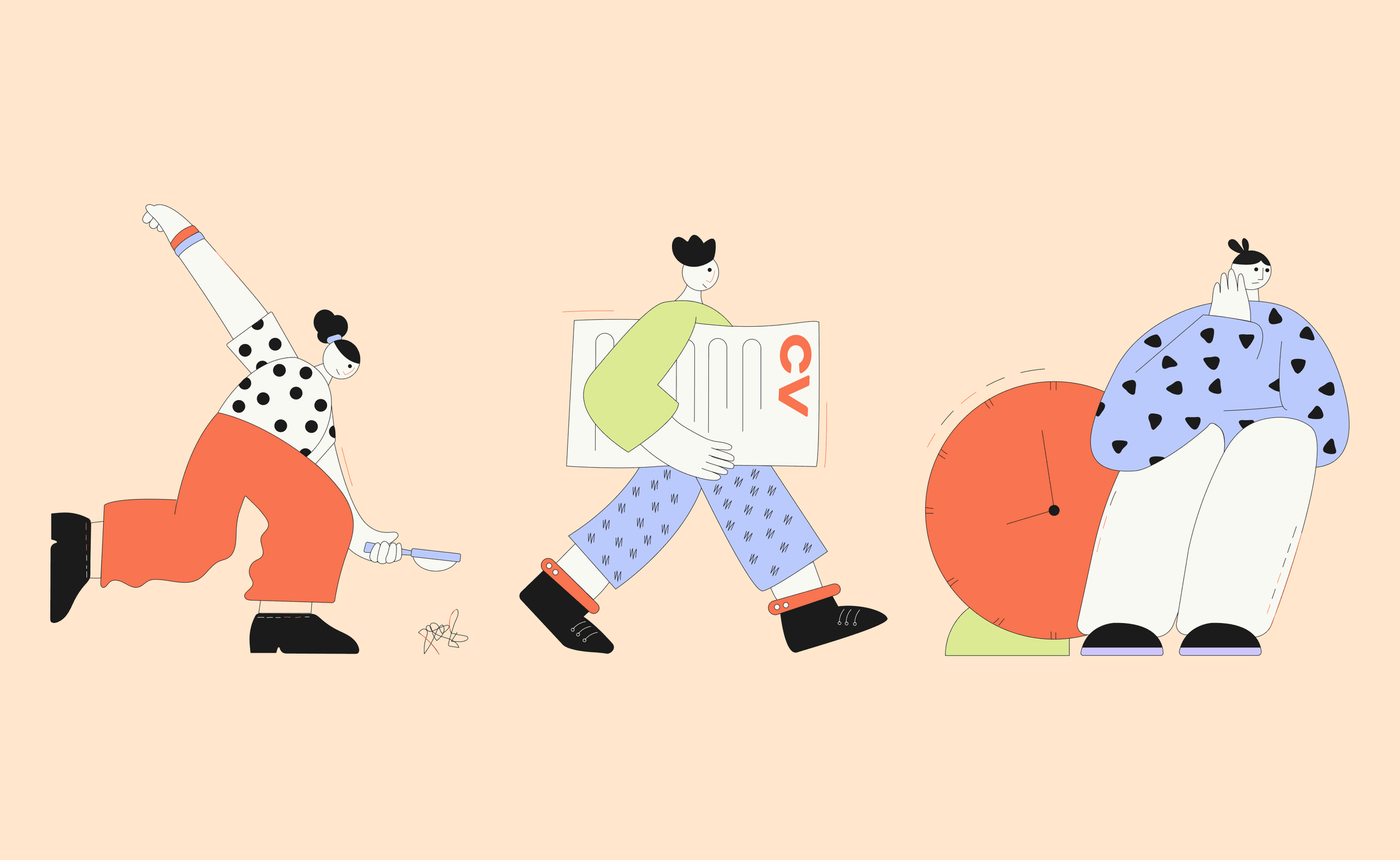Three HR characters — stretching, carrying a CV and watching the clock