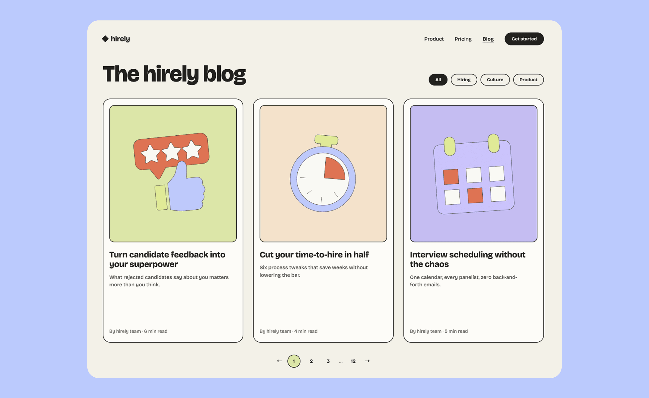 Company blog layout — three hiring and workplace article cards