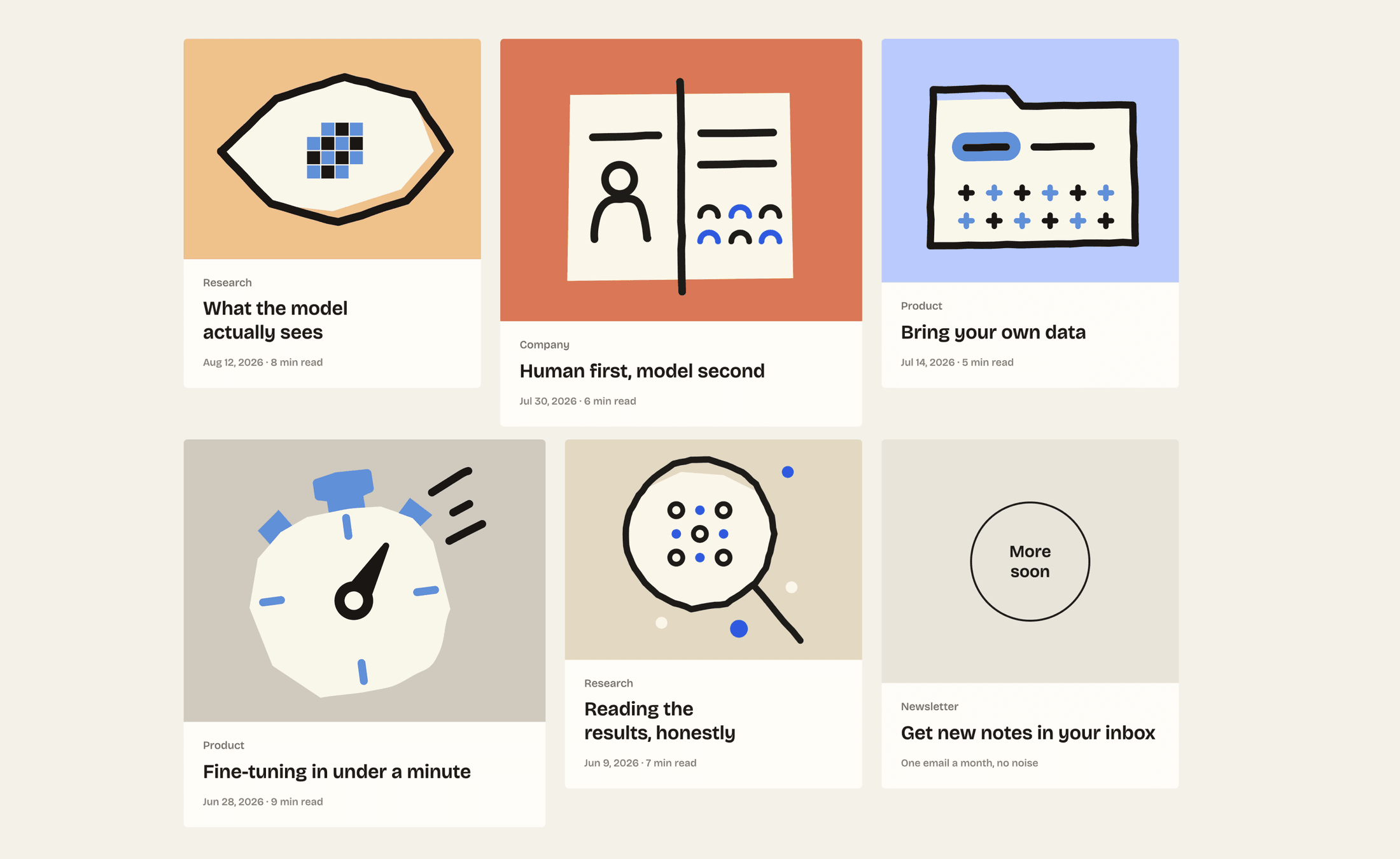 AI blog card grid — research, product and company notes