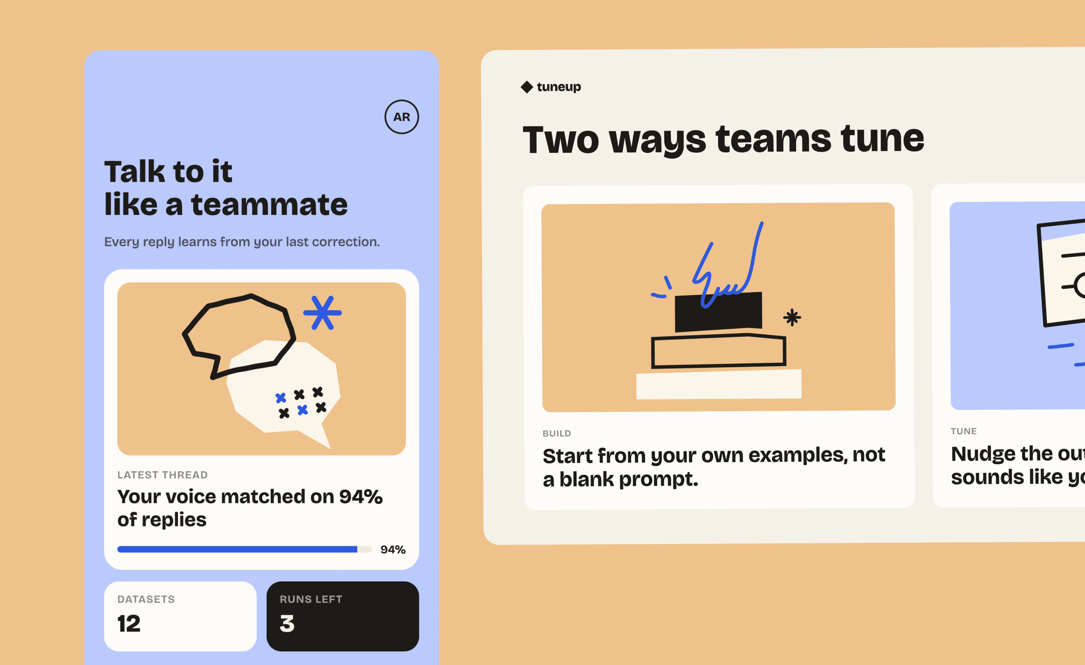 Product UI — an assistant thread and two ways teams tune a model