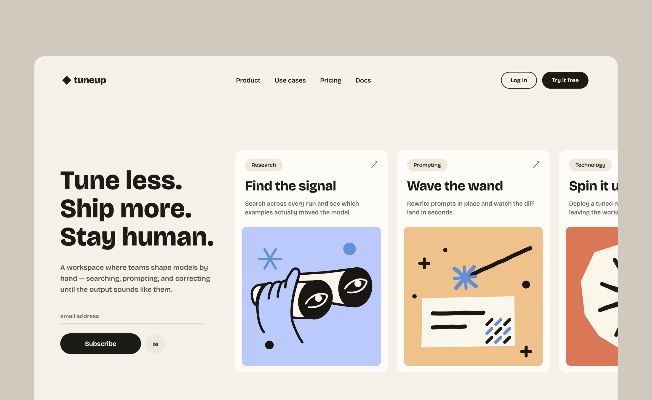 AI workspace website — research, prompting and deployment cards