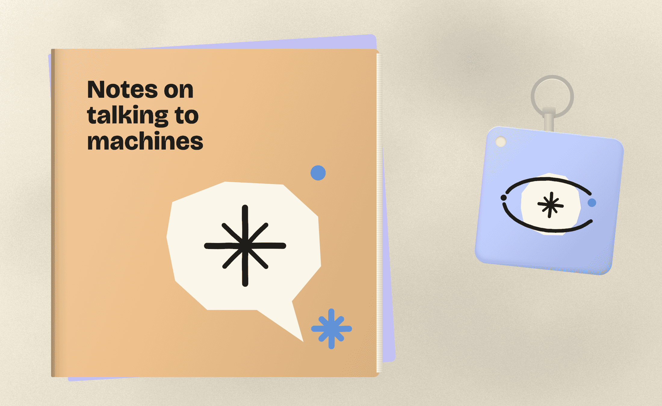 Print mockups — notebook cover and keyring for an AI brand