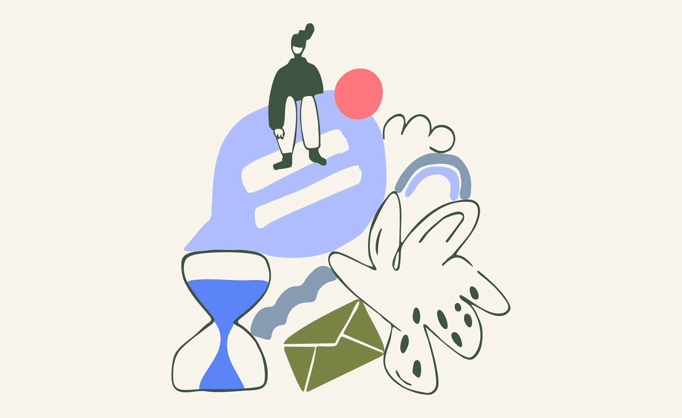 Mind Garden — person standing on a speech bubble beside an hourglass and letter