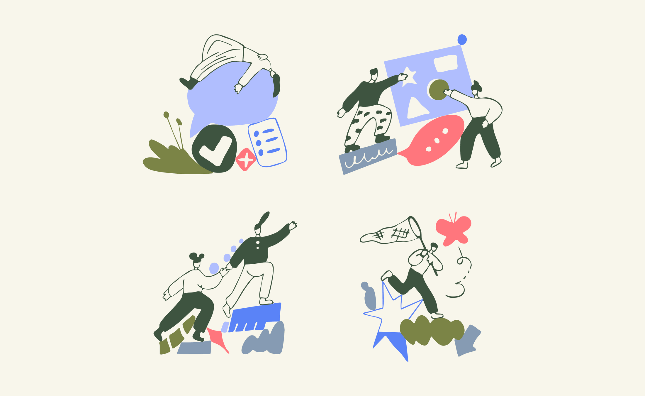 Four mindfulness scenes — rest, talking it out, a helping hand and chasing small joy