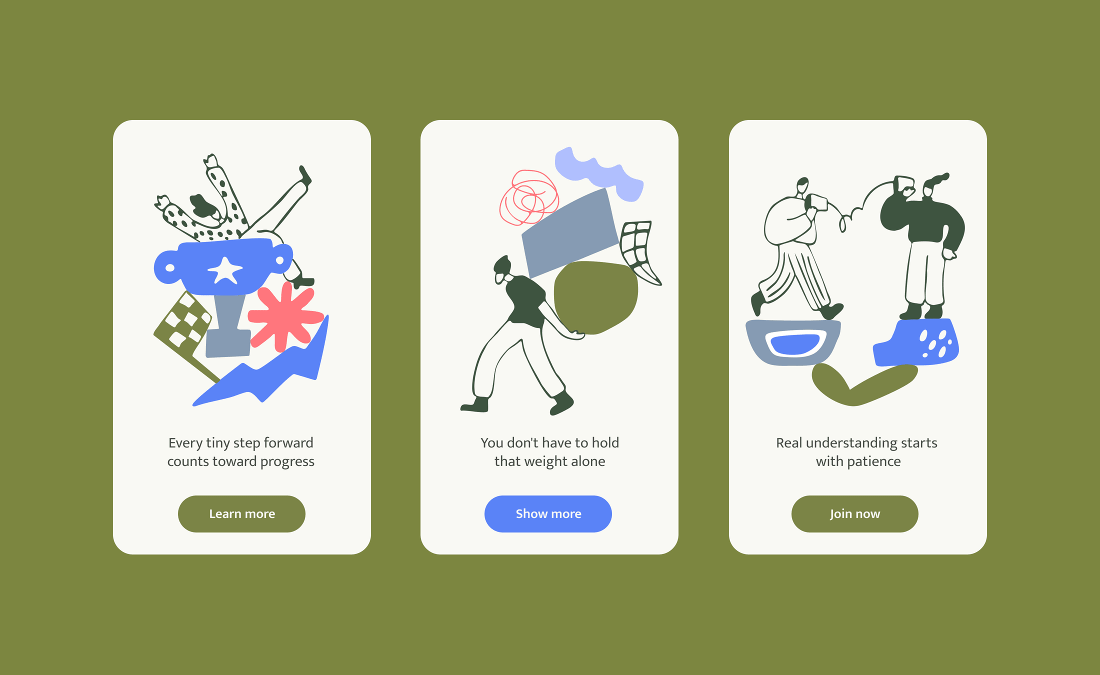 Onboarding screens — tiny steps, shared weight and patience