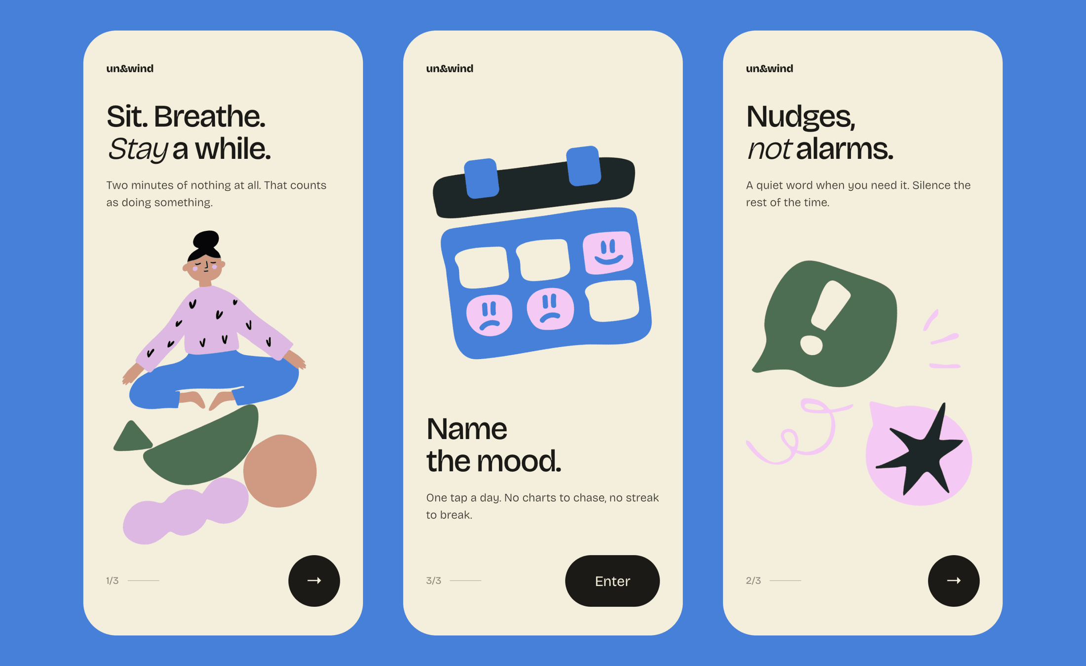 Three app onboarding screens — breathe, name the mood, nudges not alarms