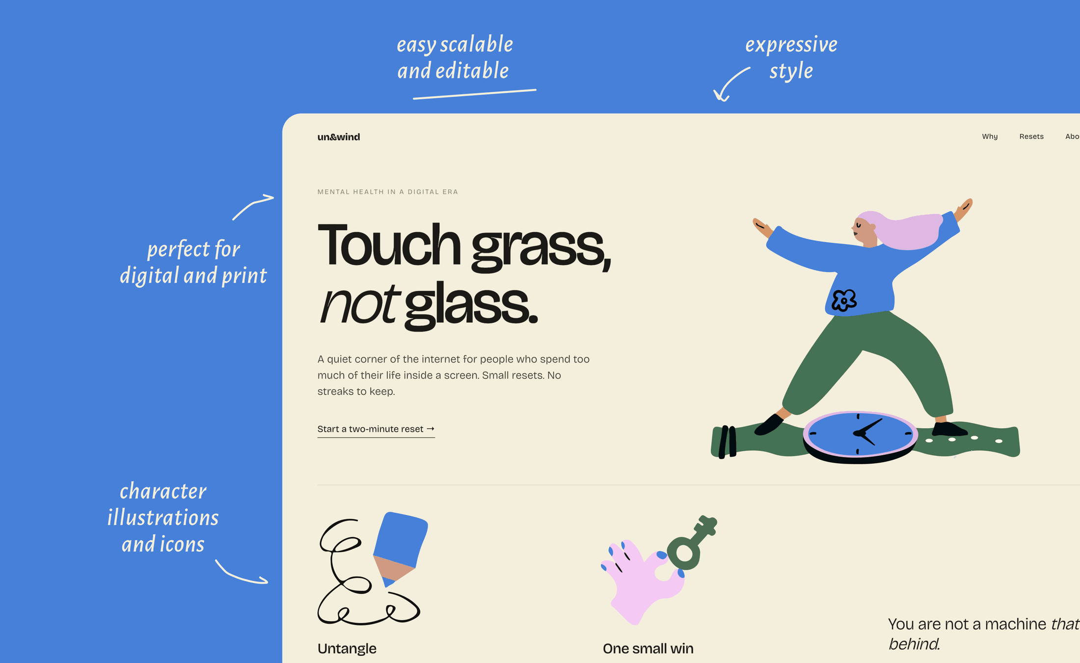 Mental health website — touch grass, not glass, with editable characters and icons