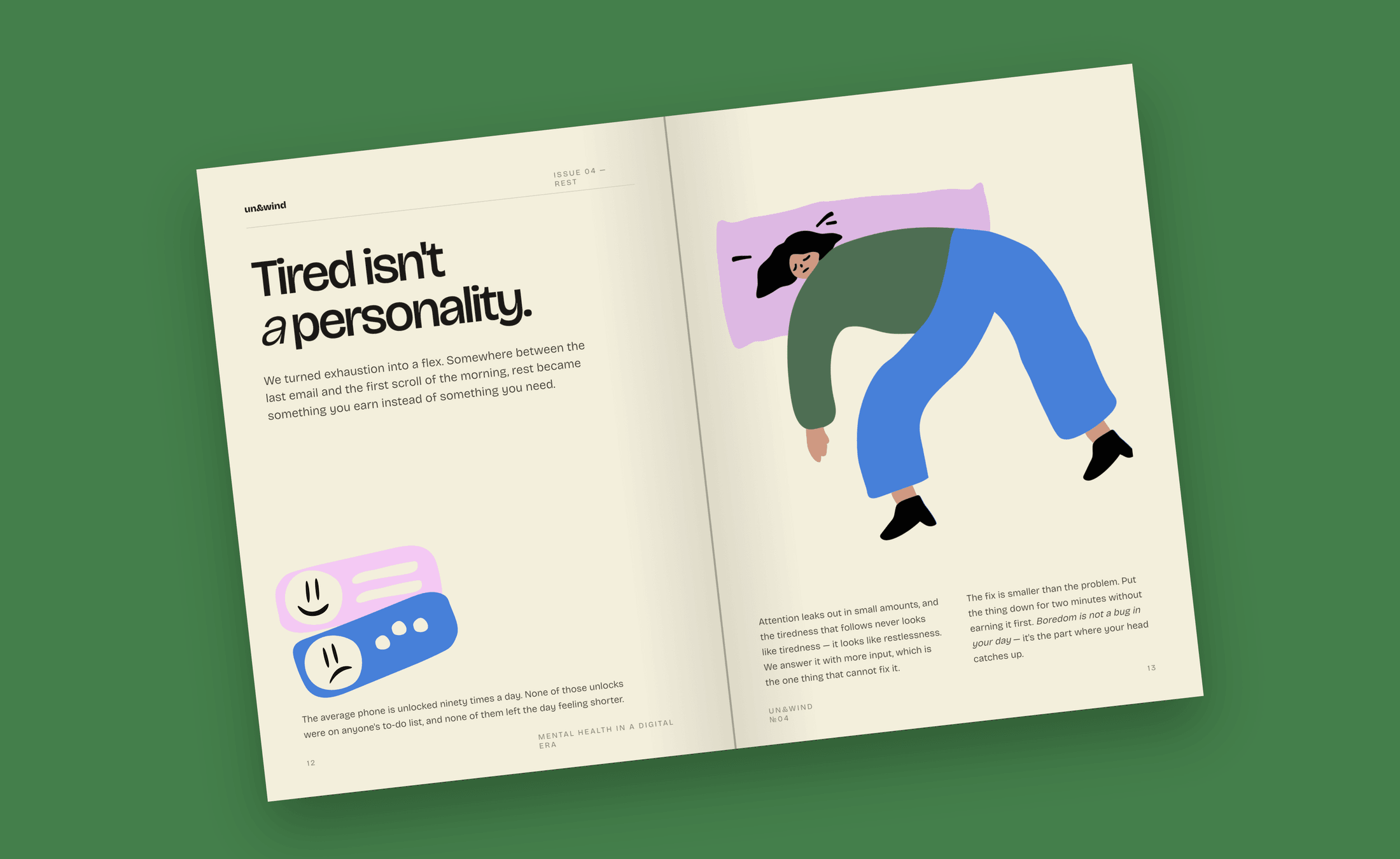 Magazine spread — tired isn't a personality