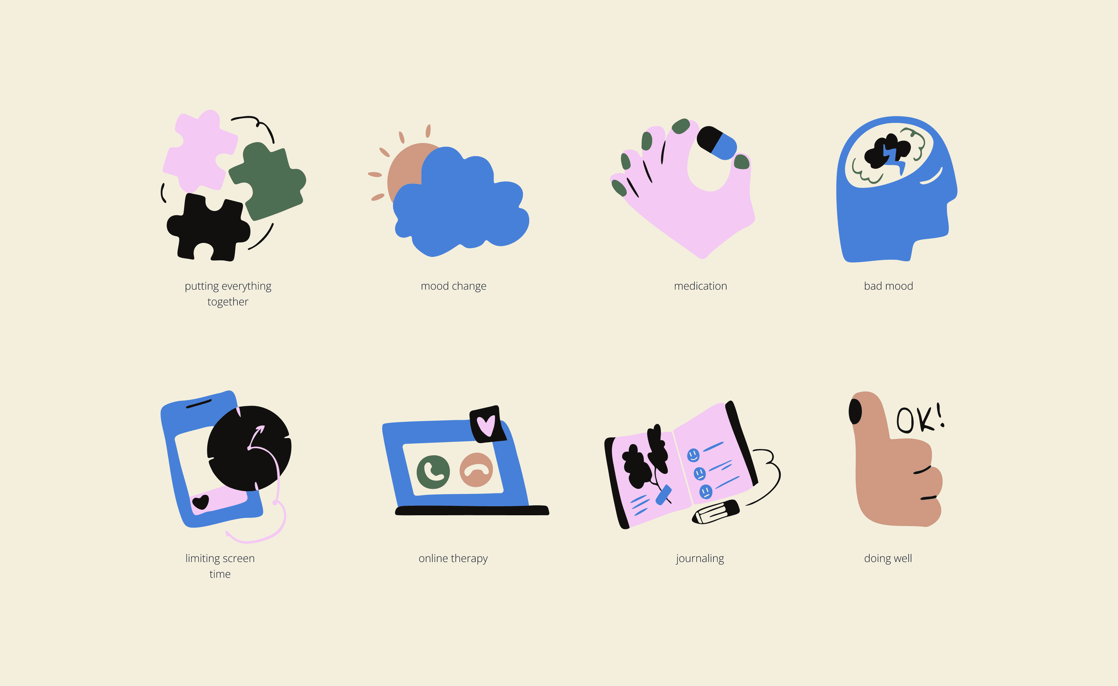 Eight spot illustrations — mood, medication, journaling, therapy