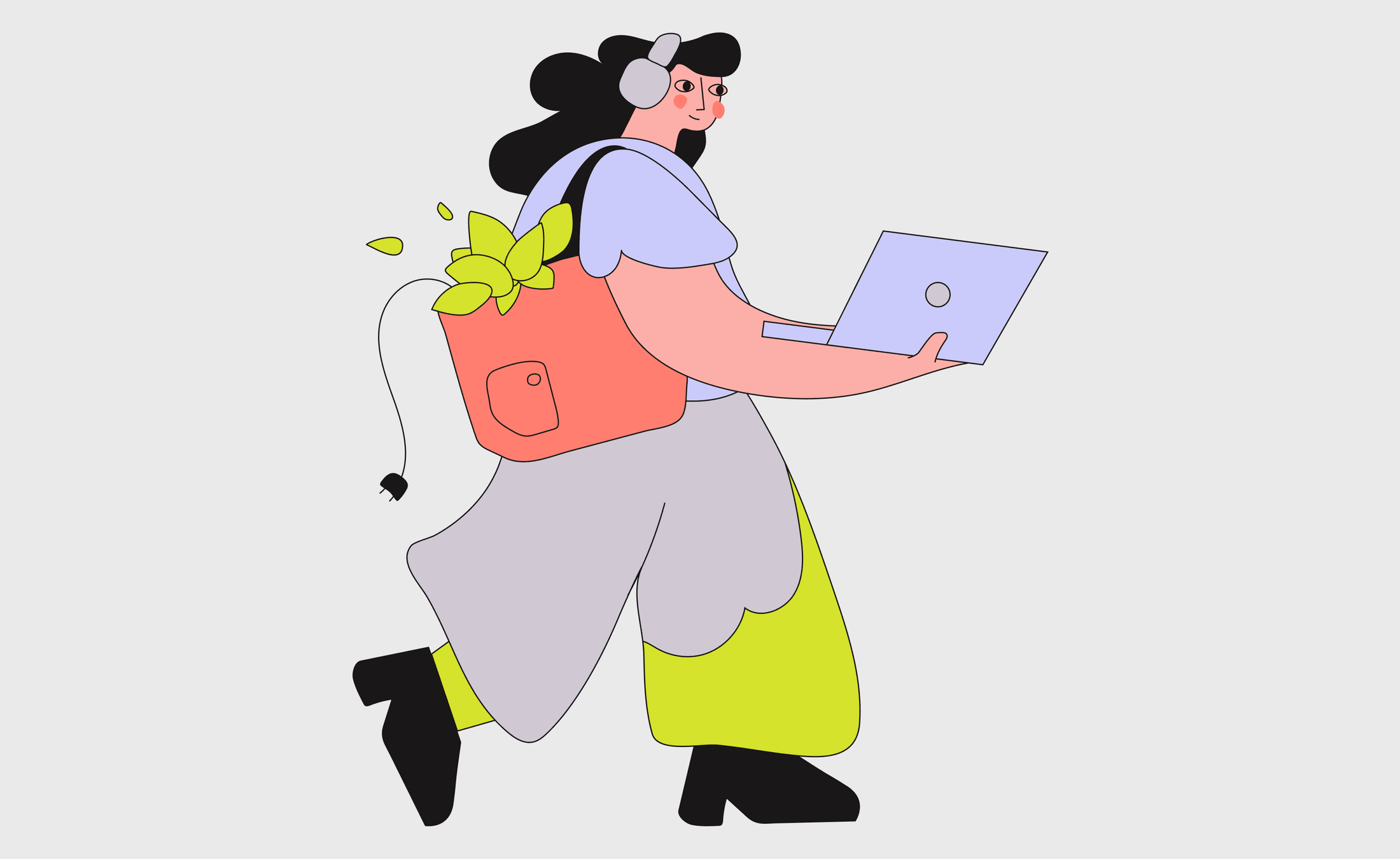 Online Learning — person walking with a laptop, headphones and a plant in their bag
