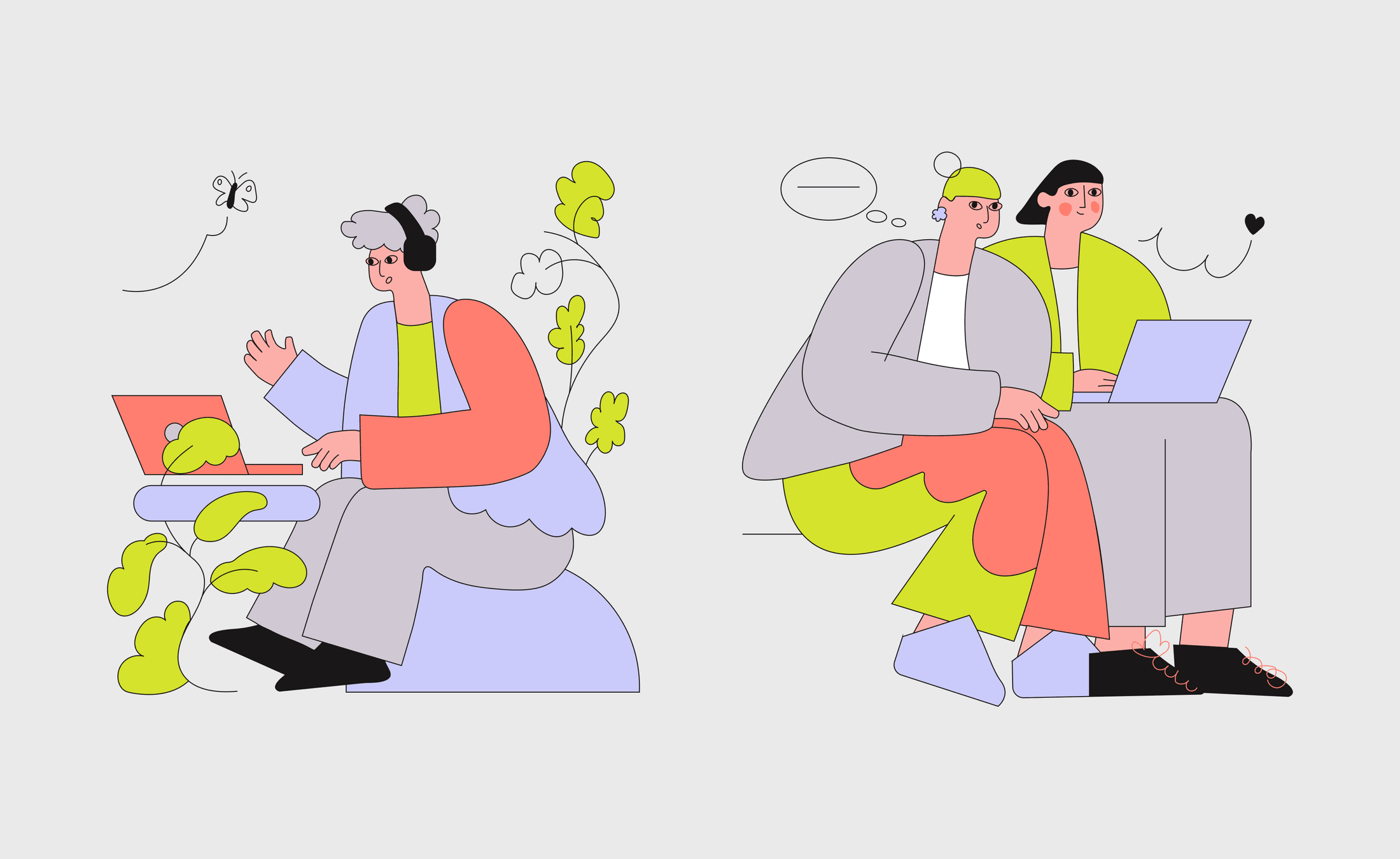 Two remote work scenes — working in headphones and sharing a desk