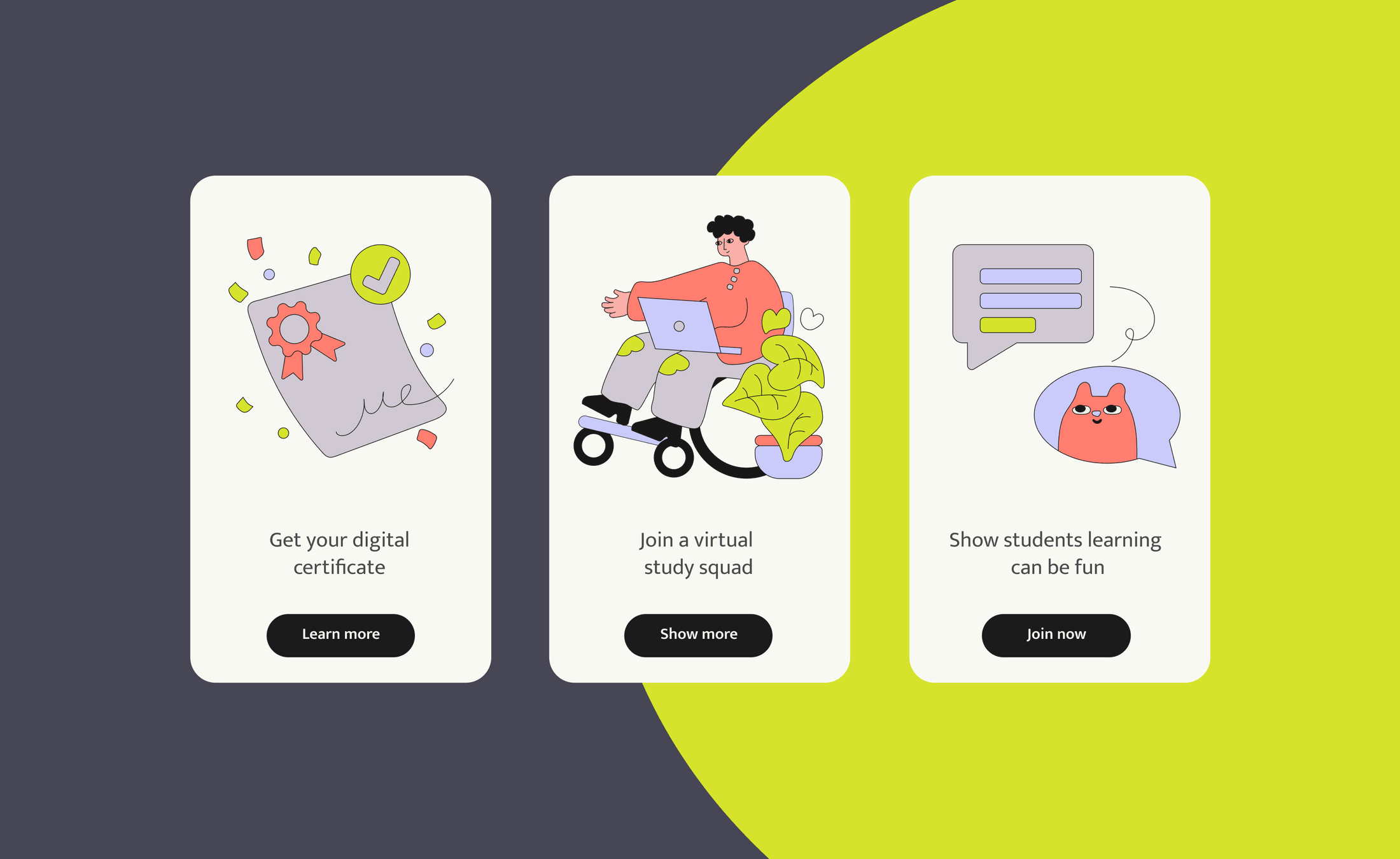 Three course app cards — digital certificate, study squad and lessons that are fun
