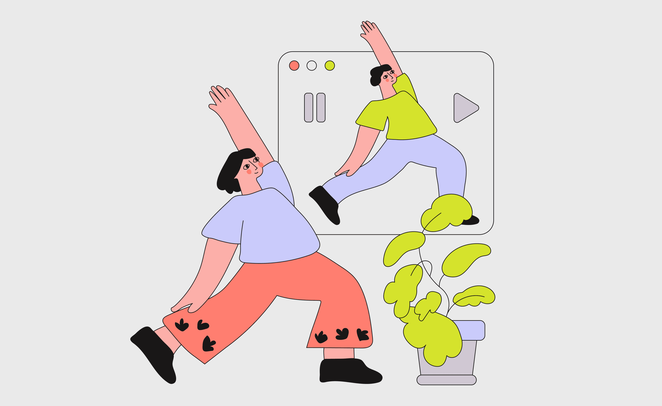 Following a lesson video at home, stretching along with the teacher