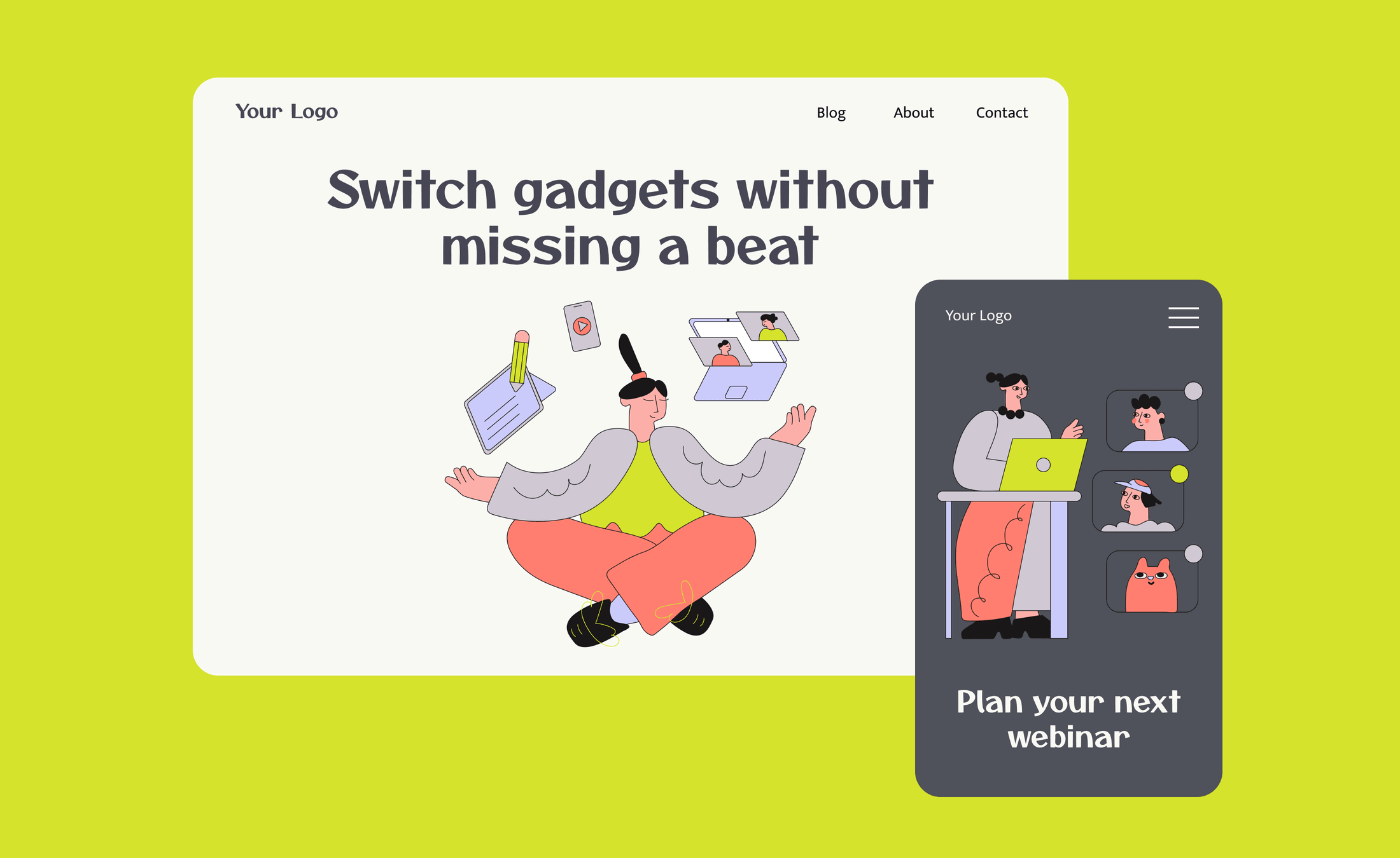 Webinar website and mobile screen — juggling devices and planning a session