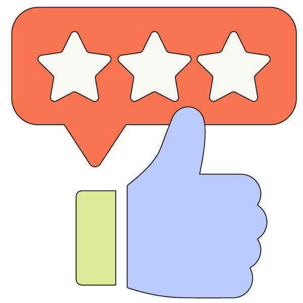 Hand-drawn thumbs up with a three-star review — customer feedback illustration